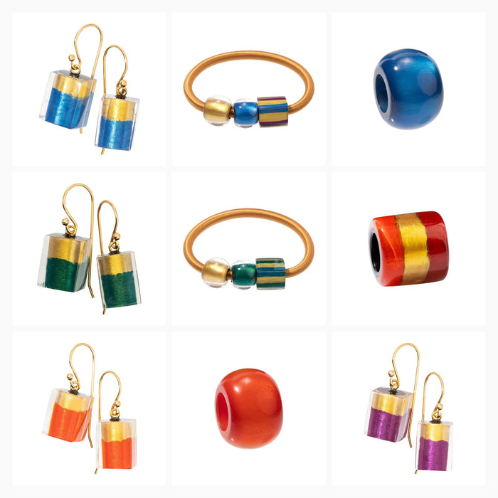 Prue's Bliss collection — Dame Prue's edit of the mix-and-match system — barrel, square and round beads in bold stripes and solid colour, with earrings and a bracelet.
