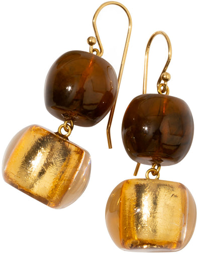 ZSISKA DESIGN Radiance 2-Bead Short Hook Earrings — Amber Tiger & Gold Foil